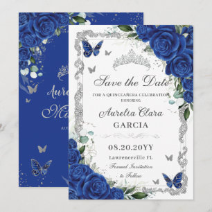 Chic Quinceañera Royal Blue Bloemen  Zilver Save The Date