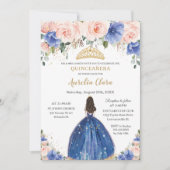 Chic Quinceañera Royal Blue Blush Floral Princess Kaart (Voorkant)