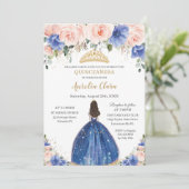 Chic Quinceañera Royal Blue Blush Floral Princess Kaart (Staand voorkant)