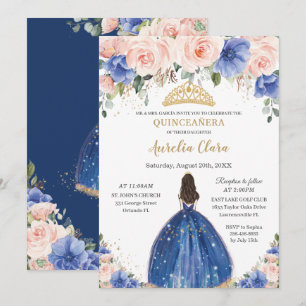 Chic Quinceañera Royal Blue Blush Floral Princess Kaart
