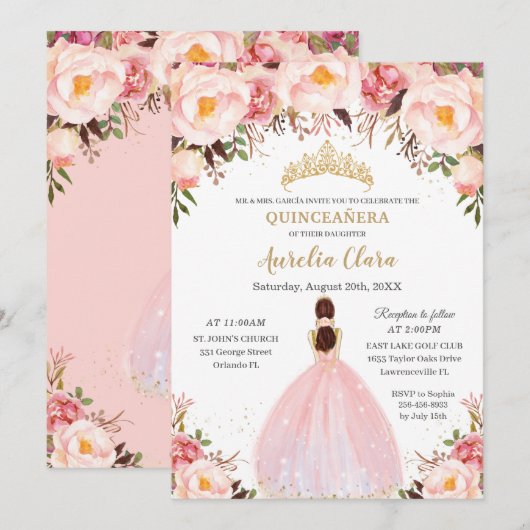 Chic Quinceañera Soft Blush Floral Princess Kaart (Voorkant / Achterkant)