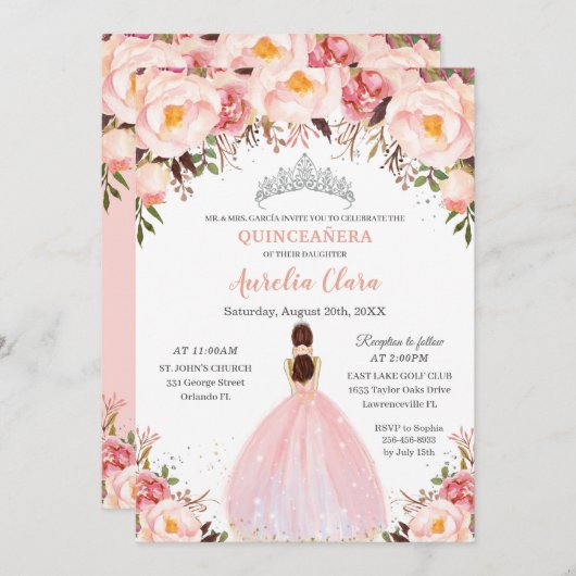 Chic Quinceañera Soft Blush Floral Princess Silver Kaart (Voorkant / Achterkant)
