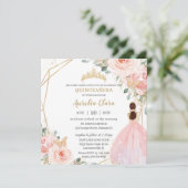 Chic Quinceañera Soft Blush Pink Floral Tiara Kaart (Staand voorkant)