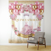 Chic Quinceañera Tapestry Roze Jurk Gouden Kroon Wandkleed (In situ)