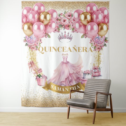 Chic Quinceañera Tapestry Roze Jurk Gouden Kroon Wandkleed (In situ)