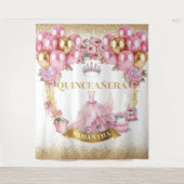 Chic Quinceañera Tapestry Roze Jurk Gouden Kroon Wandkleed (Voorkant)