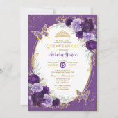 Chic Quinceañera Violet Gold Flower Butterfly Kaart (Voorkant)