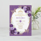 Chic Quinceañera Violet Gold Flower Butterfly Kaart (Staand voorkant)