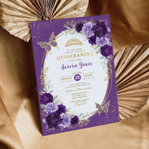 Chic Quinceañera Violet Gold Flower Butterfly