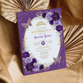 Chic Quinceañera Violet Gold Flower Butterfly Kaart