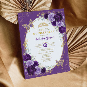 Chic Quinceañera Violet Gold Flower Butterfly Kaart