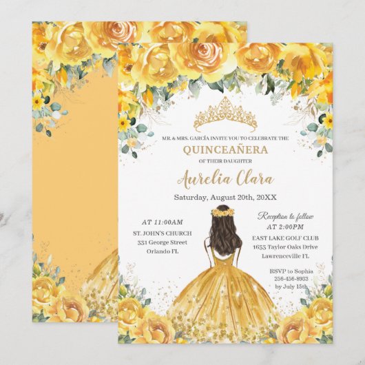 Chic Quinceañera Yellow Floral Princess Birthday Kaart (Voorkant / Achterkant)