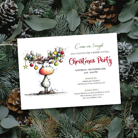 Chic quirky reindeer Christmas party invitation Kaart