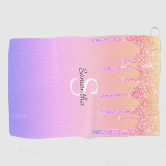 Chic Rainbow Glitter Drift Sparkle Monogram Naam Golfhanddoek (Horizontaal)