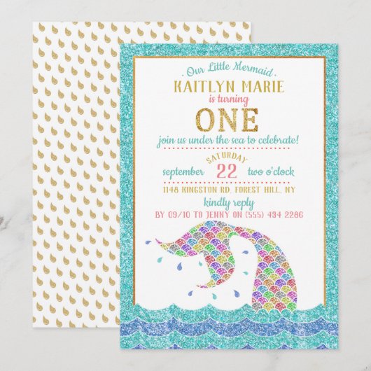 Chic Rainbow Glitter Mermaid 1st Birthday Kaart (Voorkant / Achterkant)