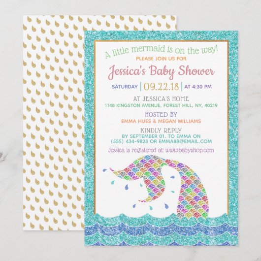 Chic Rainbow Glitter Mermaid Baby shower Kaart (Voorkant / Achterkant)