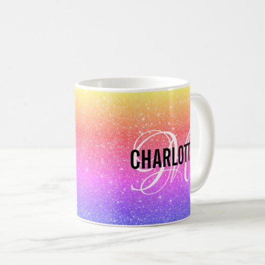 Chic rainbow glitter monogram naam koffie mok (Voorkant rechts)