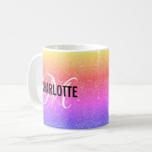 Chic rainbow glitter monogram naam koffie mok (Voorkant links)
