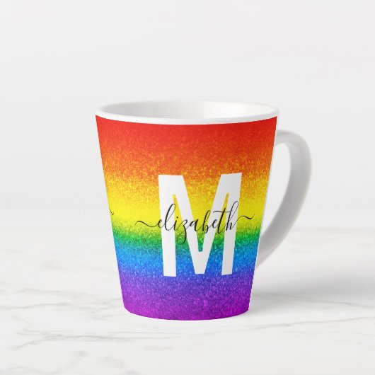 Chic Rainbow Glitter Stripe Monogram Naam Latte Mok (Rechterhoek)