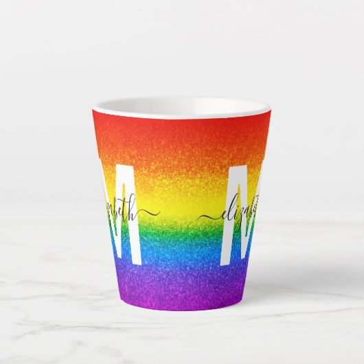 Chic Rainbow Glitter Stripe Monogram Naam Latte Mok (Voorkant)