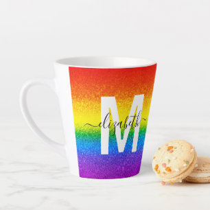 Chic Rainbow Glitter Stripe Monogram Naam Latte Mok