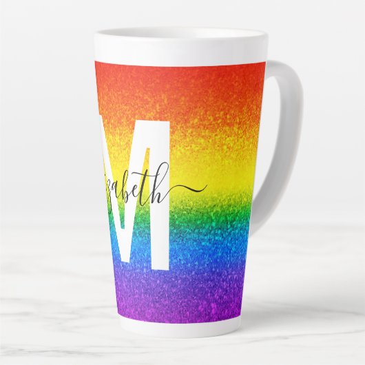 Chic Rainbow Glitter Stripe Monogram Naam Latte Mok (Rechterhoek)