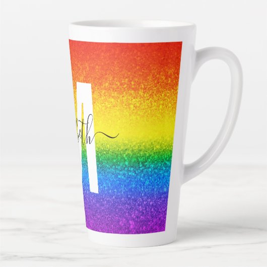 Chic Rainbow Glitter Stripe Monogram Naam Latte Mok (Rechts)