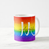 Chic Rainbow Glitter Stripe Script Monogram Koffiemok (Voorkant rechts)
