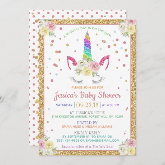 Chic Rainbow Glitter Unicorn Baby shower Kaart (Voorkant / Achterkant)
