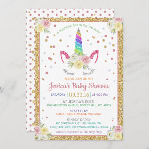 Chic Rainbow Glitter Unicorn Baby shower Kaart