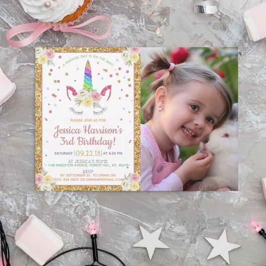 Chic Rainbow Glitter Unicorn Foto van Birthday Kaart