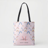 Chic Rainbow Heart Script Monogram Boho Pink Tote Bag (Voorkant)