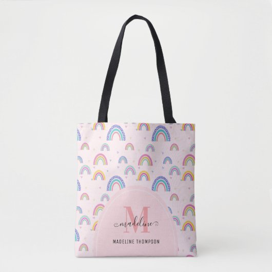 Chic Rainbow Heart Script Monogram Boho Pink Tote Bag (Voorkant)