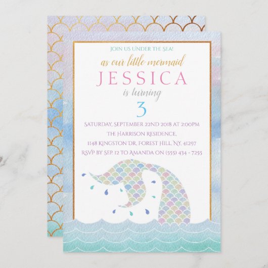 Chic Rainbow Waterverf Mermaid any Age Birthday Kaart (Voorkant / Achterkant)