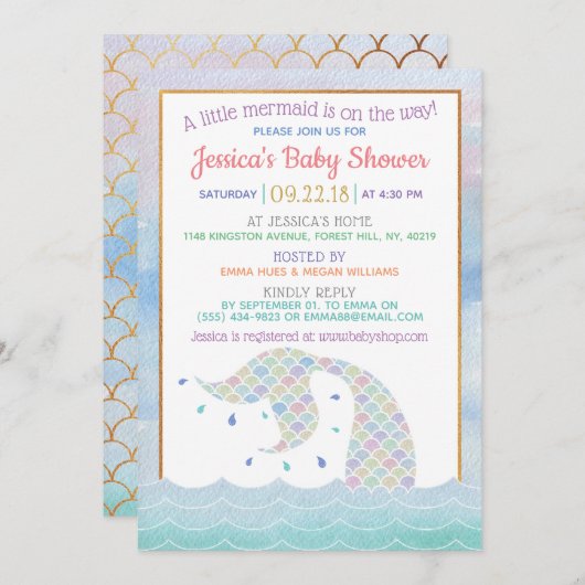 Chic Rainbow Waterverf Mermaid Baby shower Kaart (Voorkant / Achterkant)