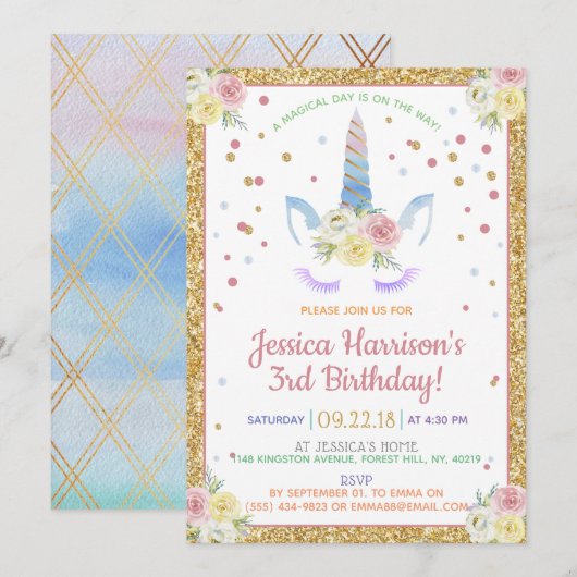 Chic Rainbow Waterverf Unicorn any Age Birthday Kaart (Voorkant / Achterkant)