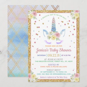 Chic Rainbow Waterverf Unicorn Baby shower Kaart