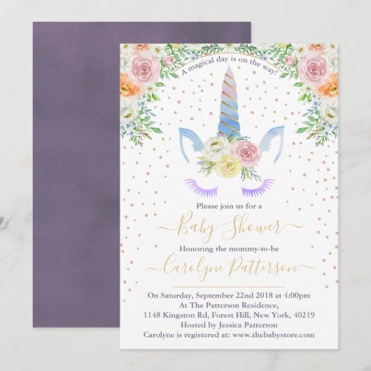 Chic Rainbow Waterverf Unicorn Baby shower Kaart (Voorkant / Achterkant)