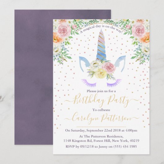 Chic Rainbow Waterverf Unicorn Birthday Party Kaart (Voorkant / Achterkant)