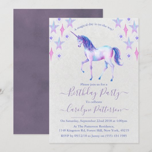 Chic Rainbow Waterverf Unicorn Birthday Party Kaart (Voorkant / Achterkant)