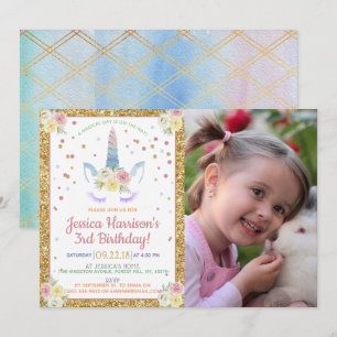 Chic Rainbow Waterverf Unicorn Foto Birthday Kaart