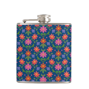 Chic Rangoli Flowers Polka Dots on Blue Hip Fles Heupfles