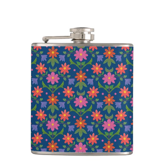 Chic Rangoli Flowers Polka Dots on Blue Hip Fles Heupfles (Voorkant)