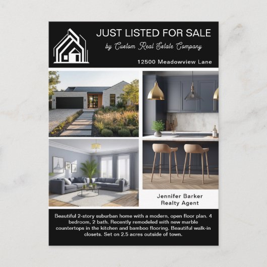 Chic Real Estate Company Home Listing Black White Briefkaart (Voorkant)