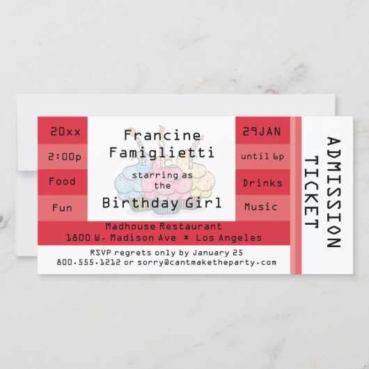 Chic Red Admission Ticket Birthday Invite (Voorkant)