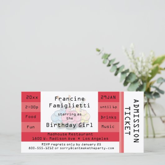Chic Red Admission Ticket Birthday Invite (Staand voorkant)