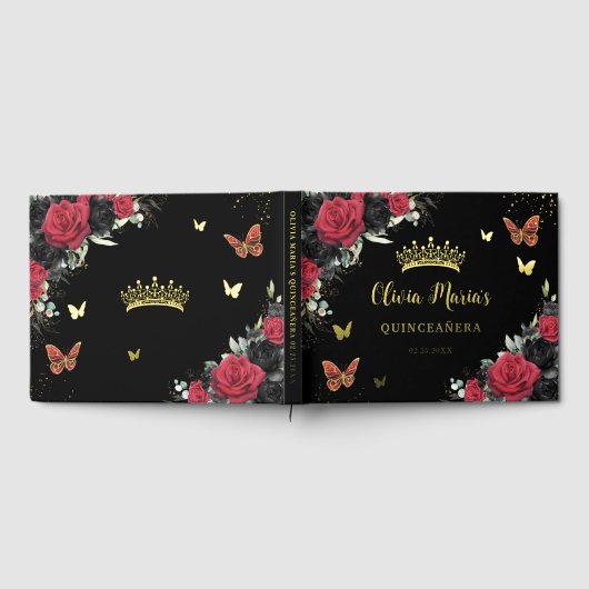 Chic Red Black Bloemen Vlinders Quinceanera Goud Gastenboek (Volledig)