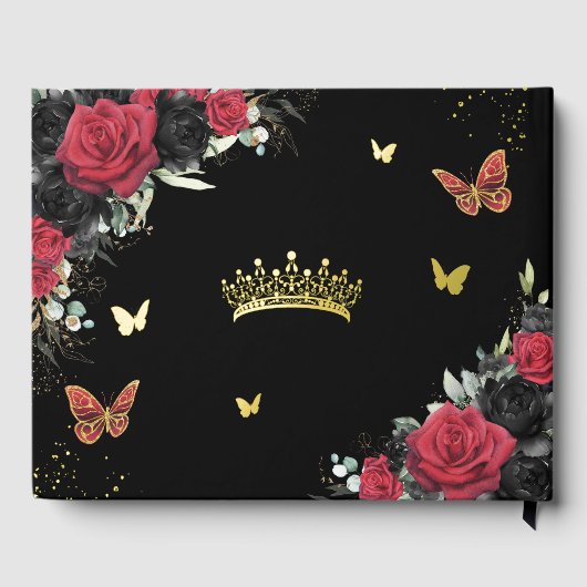Chic Red Black Bloemen Vlinders Quinceanera Goud Gastenboek (Achterkant)
