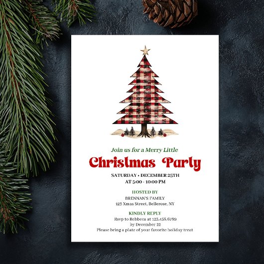 Chic Red Black Plaid Christmas Party Invitation Kaart