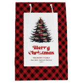 Chic red black plaid tree gift bag editable name medium cadeauzakje (Voorkant)